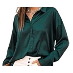 Amazon BTFBM Dark Green Silk Button Up Blouse sz. M